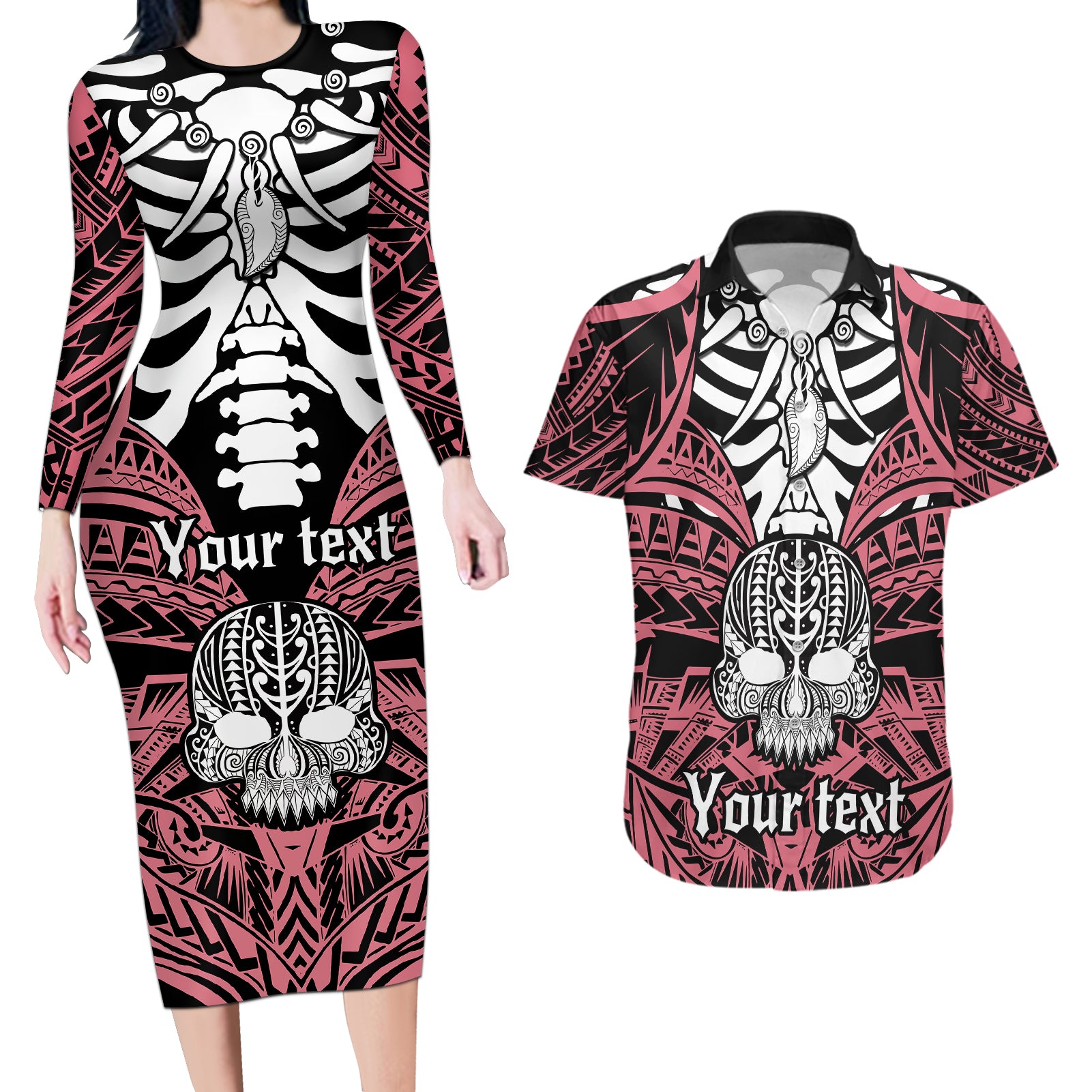 Personalised Polynesia Skull Couples Matching Long Sleeve Bodycon Dress and Hawaiian Shirt With Boars Tusk Pink Arty Vibe LT9 - Wonder Print Shop