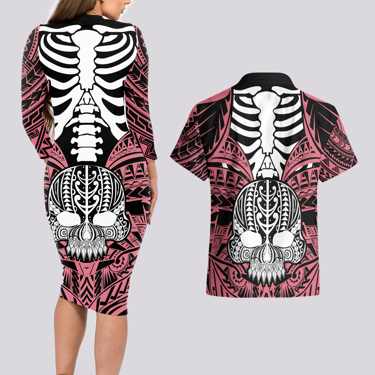 Personalised Polynesia Skull Couples Matching Long Sleeve Bodycon Dress and Hawaiian Shirt With Boars Tusk Pink Arty Vibe LT9 - Wonder Print Shop