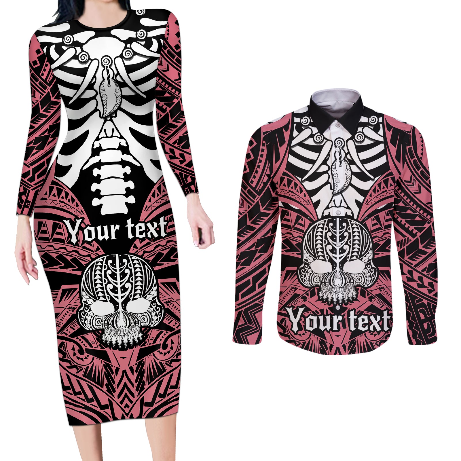 Personalised Polynesia Skull Couples Matching Long Sleeve Bodycon Dress and Long Sleeve Button Shirts With Boars Tusk Pink Arty Vibe LT9 - Wonder Print Shop