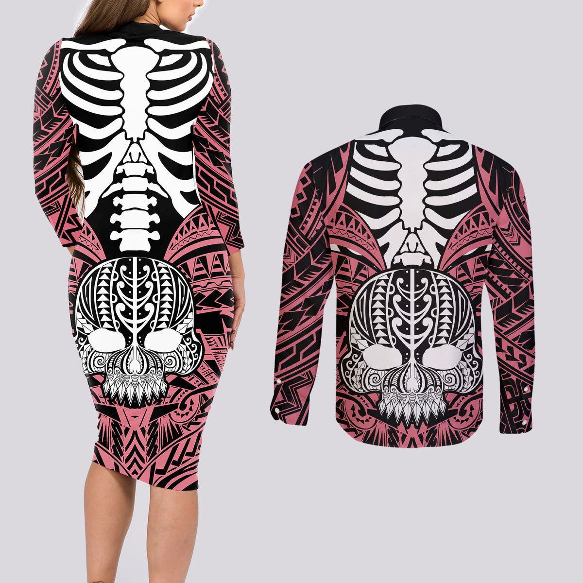 Personalised Polynesia Skull Couples Matching Long Sleeve Bodycon Dress and Long Sleeve Button Shirts With Boars Tusk Pink Arty Vibe LT9 - Wonder Print Shop