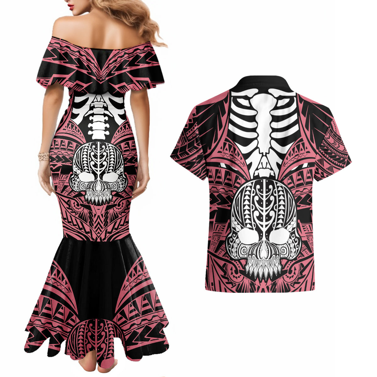 Personalised Polynesia Skull Couples Matching Mermaid Dress and Hawaiian Shirt With Boars Tusk Pink Arty Vibe LT9 - Wonder Print Shop