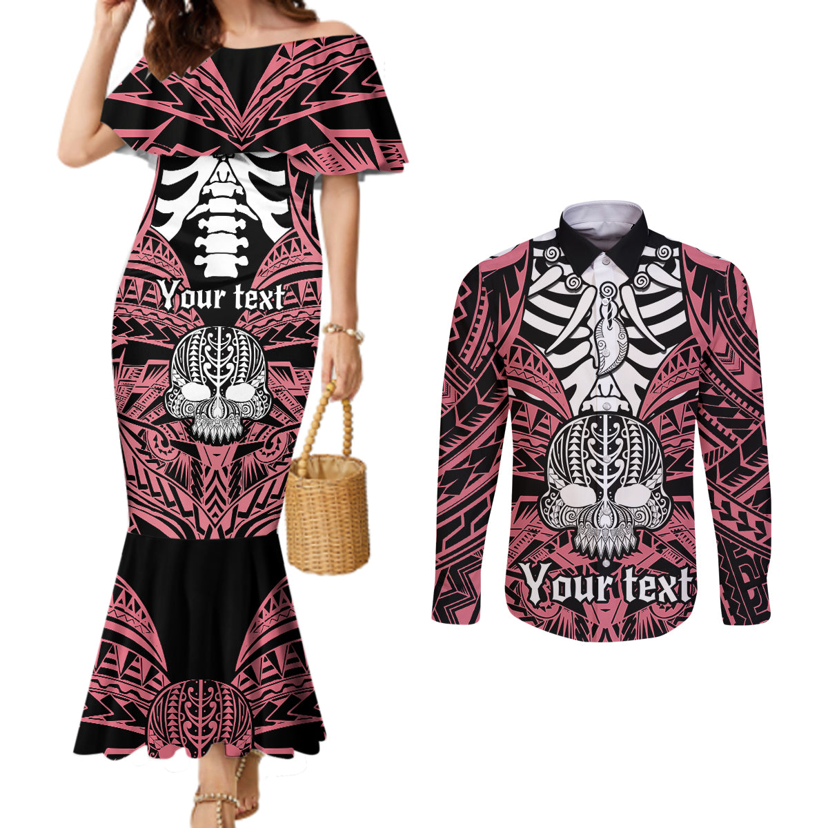 personalised-polynesia-skull-couples-matching-mermaid-dress-and-long-sleeve-button-shirts-with-boars-tusk-pink-arty-vibe