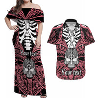 Personalised Polynesia Skull Couples Matching Off Shoulder Maxi Dress and Hawaiian Shirt With Boars Tusk Pink Arty Vibe LT9 - Wonder Print Shop