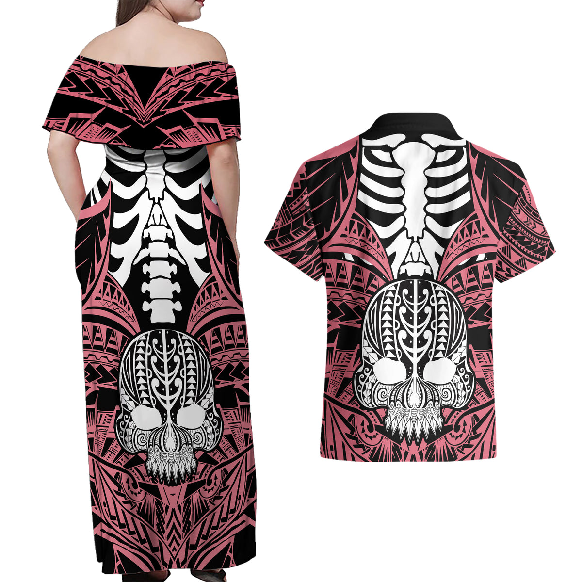 Personalised Polynesia Skull Couples Matching Off Shoulder Maxi Dress and Hawaiian Shirt With Boars Tusk Pink Arty Vibe LT9 - Wonder Print Shop