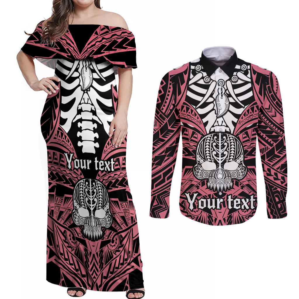 Personalised Polynesia Skull Couples Matching Off Shoulder Maxi Dress and Long Sleeve Button Shirts With Boars Tusk Pink Arty Vibe LT9 - Wonder Print Shop