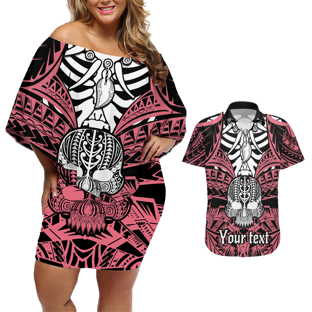 Personalised Polynesia Skull Couples Matching Off Shoulder Short Dress and Hawaiian Shirt With Boars Tusk Pink Arty Vibe LT9 - Wonder Print Shop