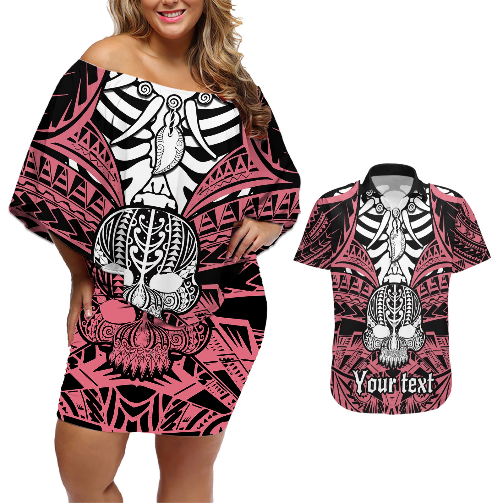 Personalised Polynesia Skull Couples Matching Off Shoulder Short Dress and Hawaiian Shirt With Boars Tusk Pink Arty Vibe LT9 - Wonder Print Shop