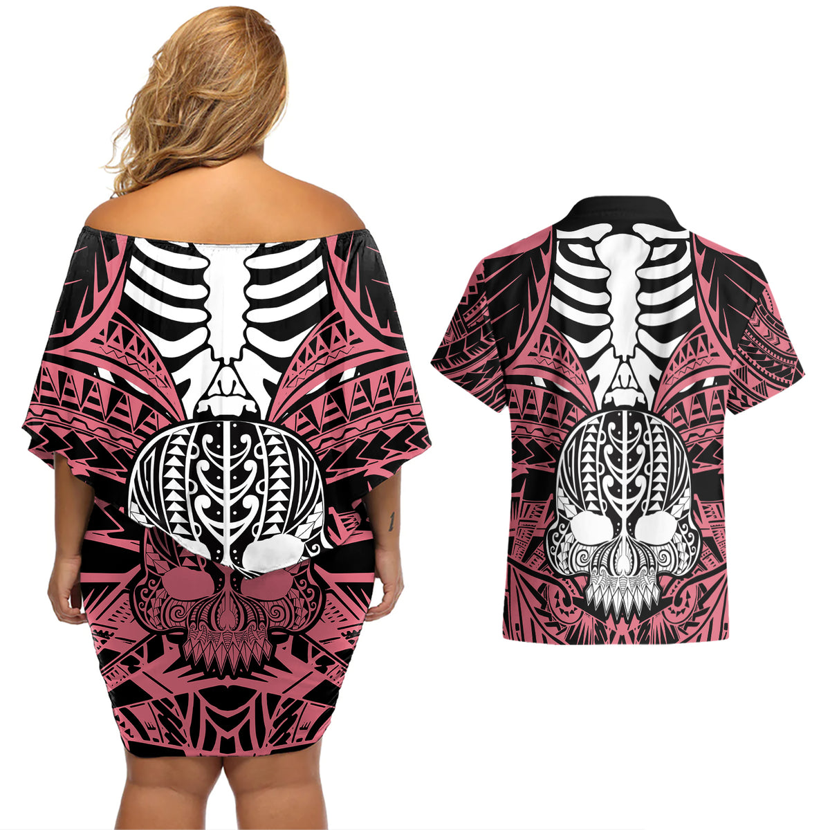 Personalised Polynesia Skull Couples Matching Off Shoulder Short Dress and Hawaiian Shirt With Boars Tusk Pink Arty Vibe LT9 - Wonder Print Shop