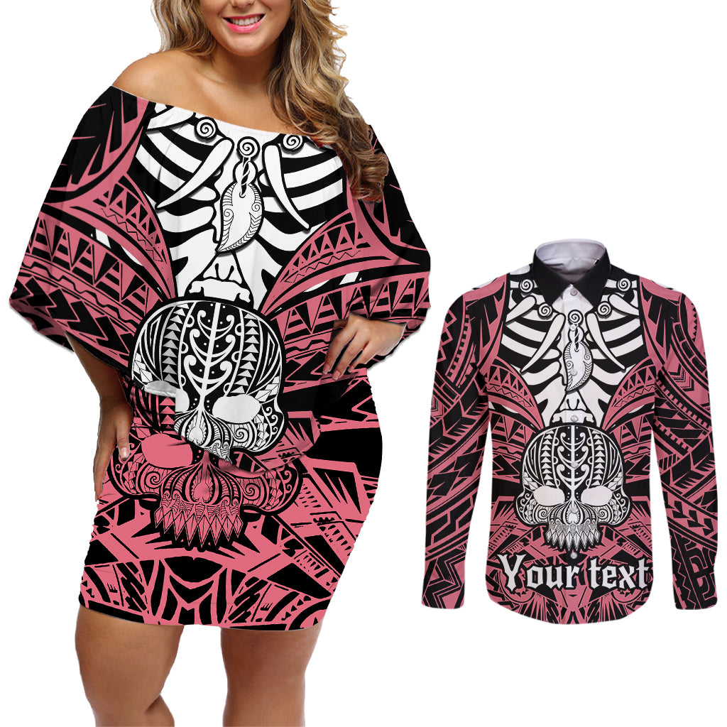Personalised Polynesia Skull Couples Matching Off Shoulder Short Dress and Long Sleeve Button Shirts With Boars Tusk Pink Arty Vibe LT9 - Wonder Print Shop