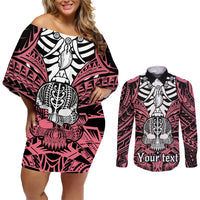 Personalised Polynesia Skull Couples Matching Off Shoulder Short Dress and Long Sleeve Button Shirts With Boars Tusk Pink Arty Vibe LT9 - Wonder Print Shop