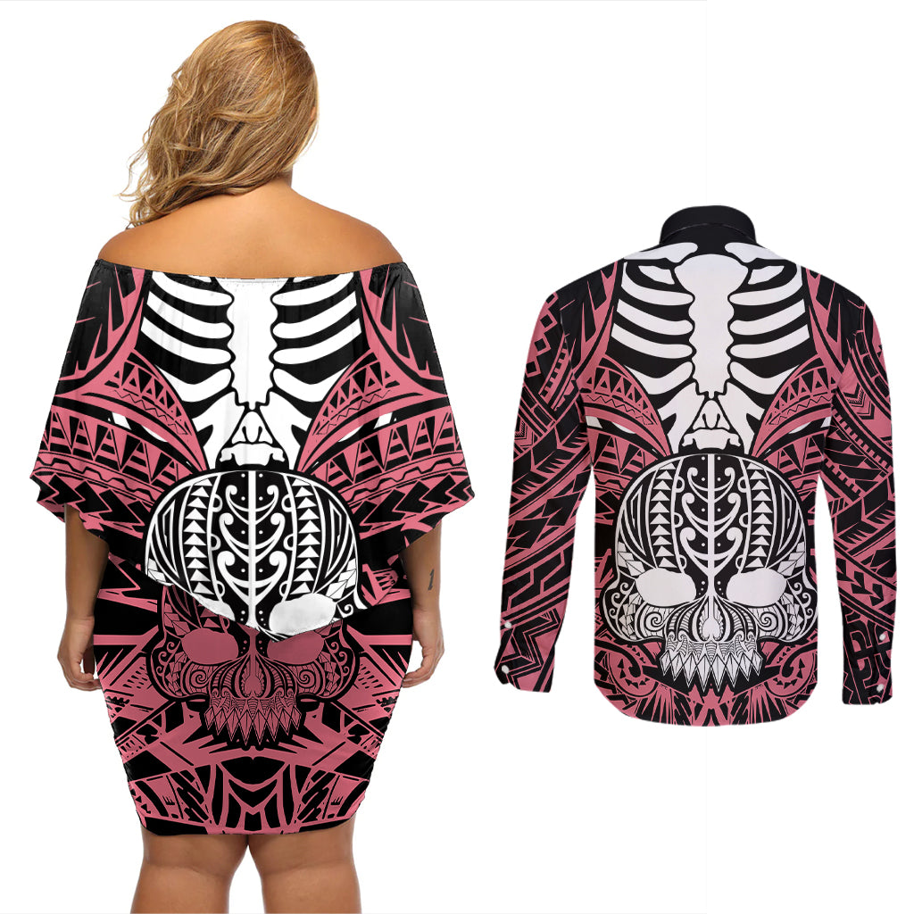 Personalised Polynesia Skull Couples Matching Off Shoulder Short Dress and Long Sleeve Button Shirts With Boars Tusk Pink Arty Vibe LT9 - Wonder Print Shop