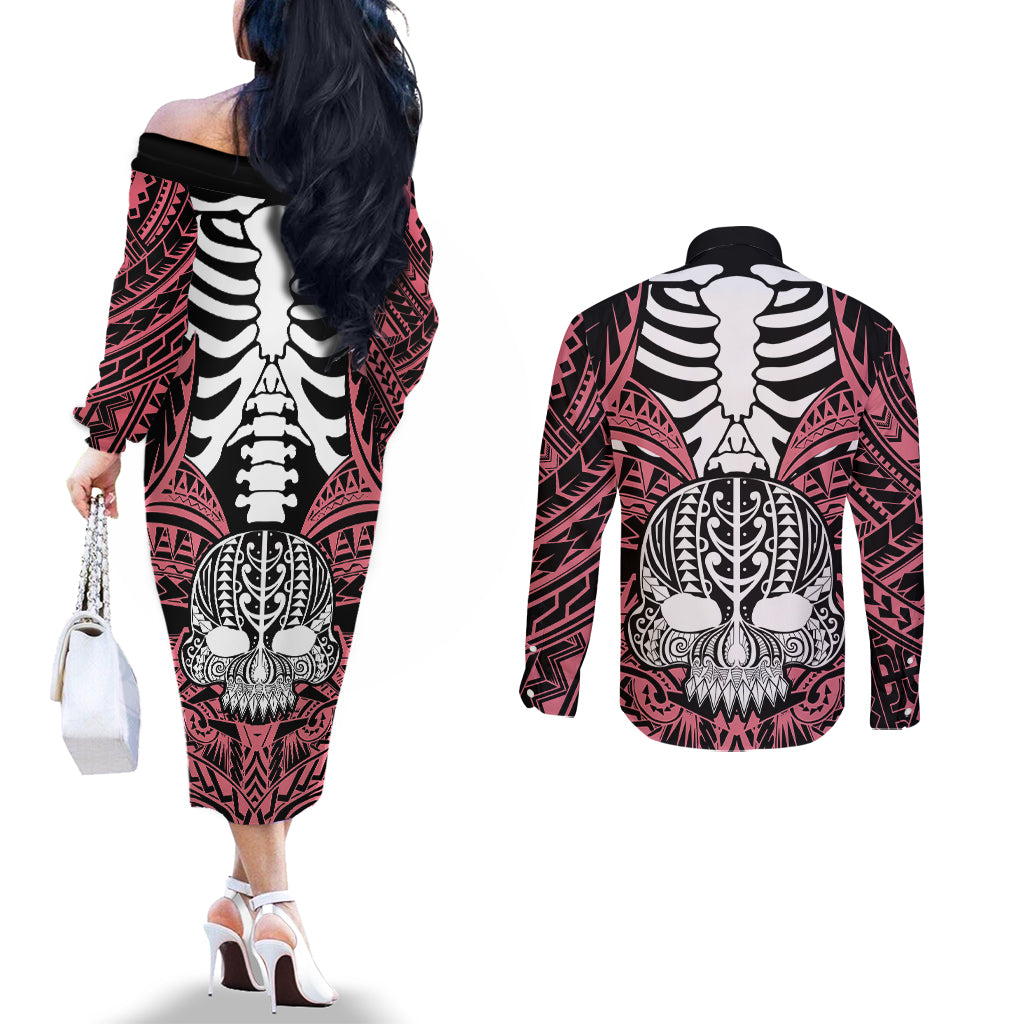 personalised-polynesia-skull-couples-matching-off-the-shoulder-long-sleeve-dress-and-long-sleeve-button-shirts-with-boars-tusk-pink-arty-vibe