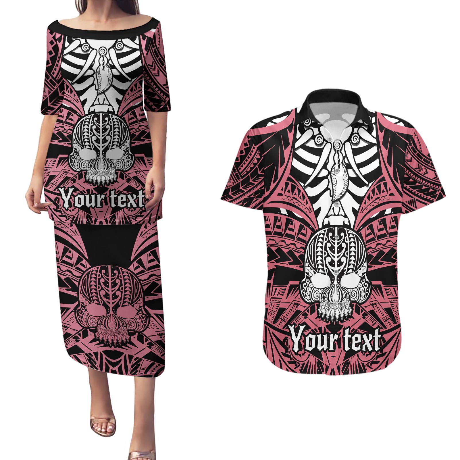 Personalised Polynesia Skull Couples Matching Puletasi Dress and Hawaiian Shirt With Boars Tusk Pink Arty Vibe LT9 - Wonder Print Shop
