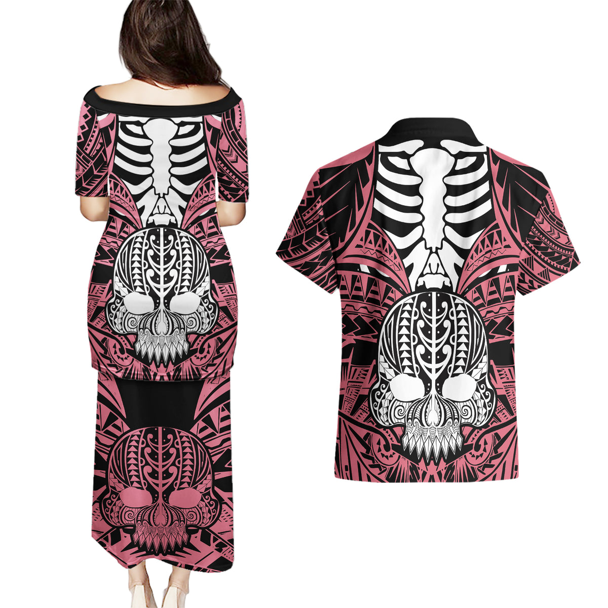 Personalised Polynesia Skull Couples Matching Puletasi Dress and Hawaiian Shirt With Boars Tusk Pink Arty Vibe LT9 - Wonder Print Shop
