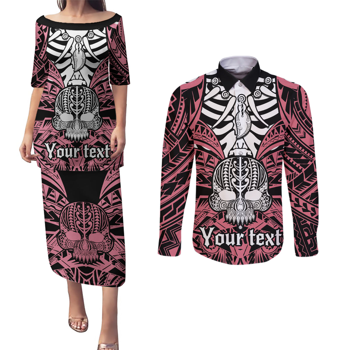Personalised Polynesia Skull Couples Matching Puletasi Dress and Long Sleeve Button Shirts With Boars Tusk Pink Arty Vibe LT9 - Wonder Print Shop