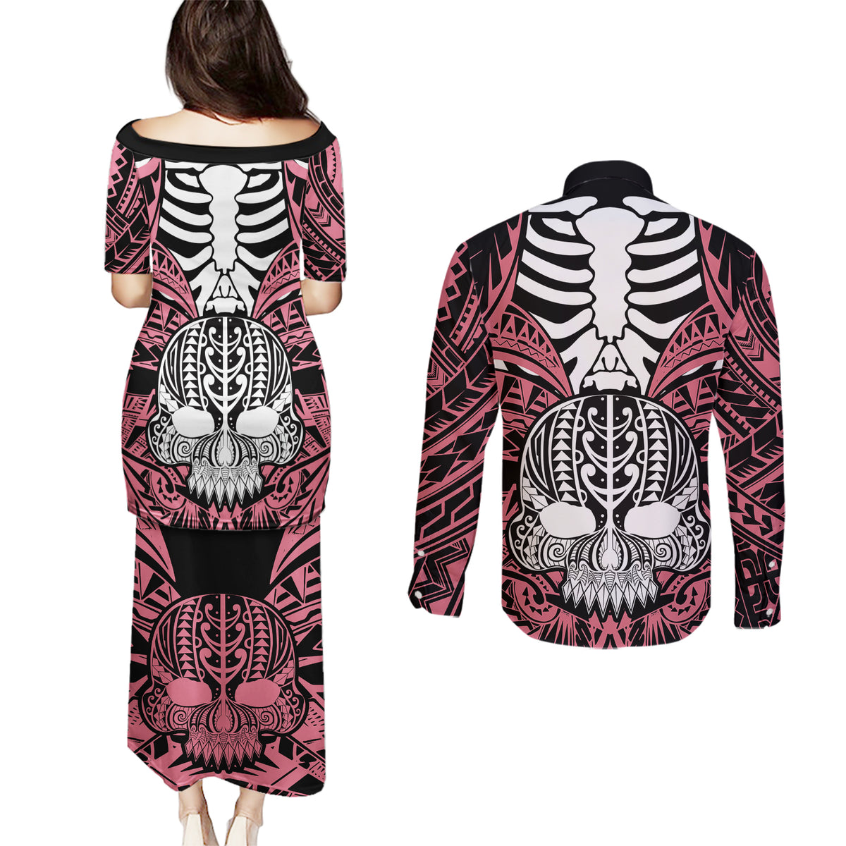 Personalised Polynesia Skull Couples Matching Puletasi Dress and Long Sleeve Button Shirts With Boars Tusk Pink Arty Vibe LT9 - Wonder Print Shop