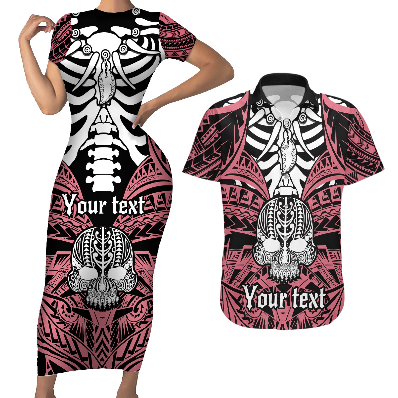Personalised Polynesia Skull Couples Matching Short Sleeve Bodycon Dress and Hawaiian Shirt With Boars Tusk Pink Arty Vibe LT9 - Wonder Print Shop