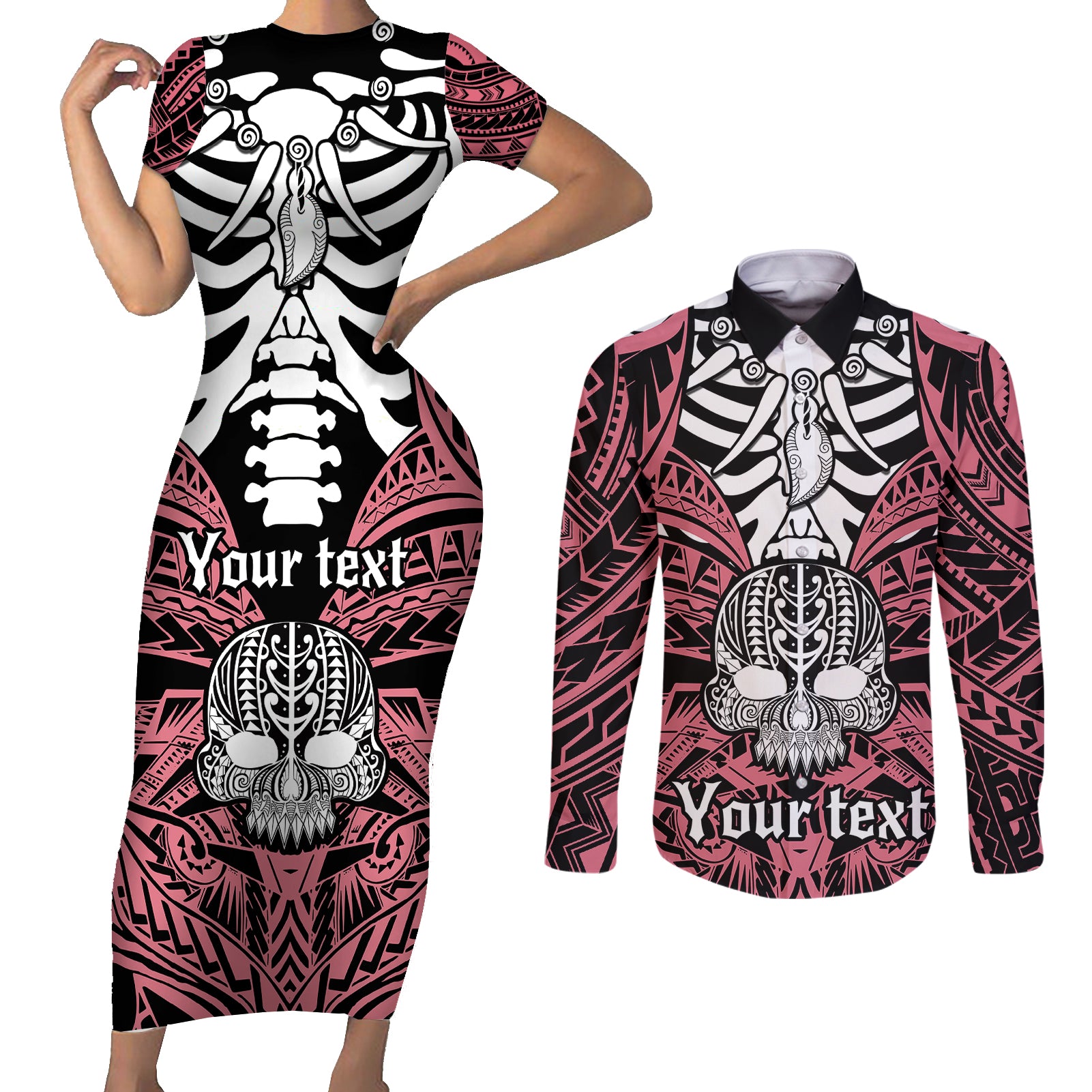 Personalised Polynesia Skull Couples Matching Short Sleeve Bodycon Dress and Long Sleeve Button Shirts With Boars Tusk Pink Arty Vibe LT9 - Wonder Print Shop