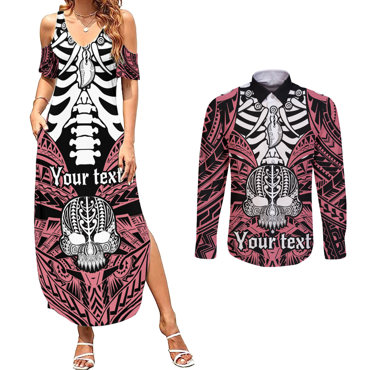 Personalised Polynesia Skull Couples Matching Summer Maxi Dress and Long Sleeve Button Shirts With Boars Tusk Pink Arty Vibe LT9 - Wonder Print Shop
