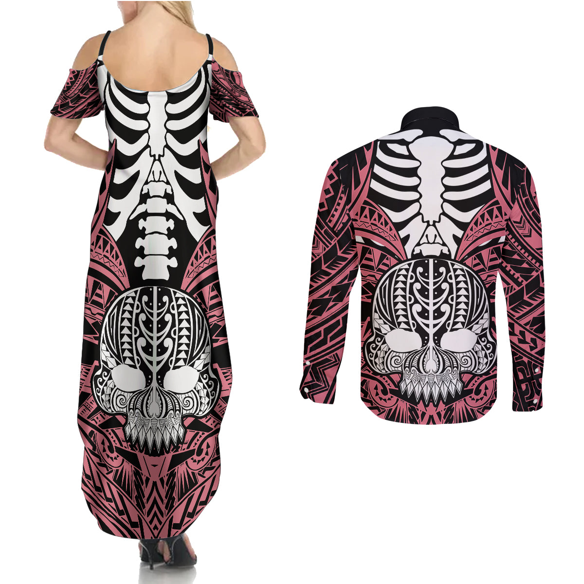 Personalised Polynesia Skull Couples Matching Summer Maxi Dress and Long Sleeve Button Shirts With Boars Tusk Pink Arty Vibe LT9 - Wonder Print Shop