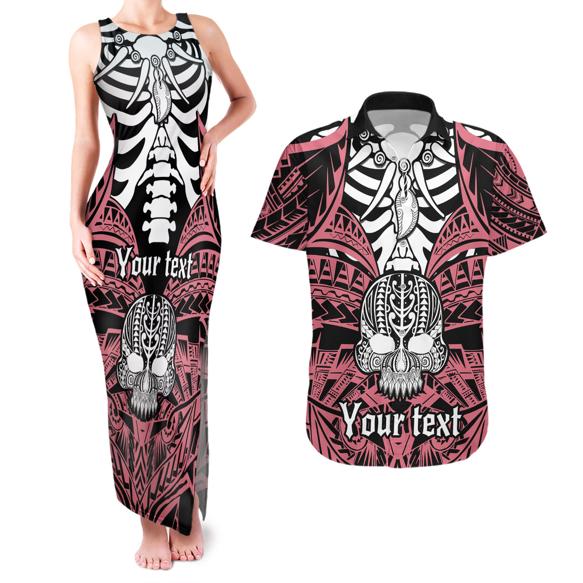 Personalised Polynesia Skull Couples Matching Tank Maxi Dress and Hawaiian Shirt With Boars Tusk Pink Arty Vibe LT9 - Wonder Print Shop