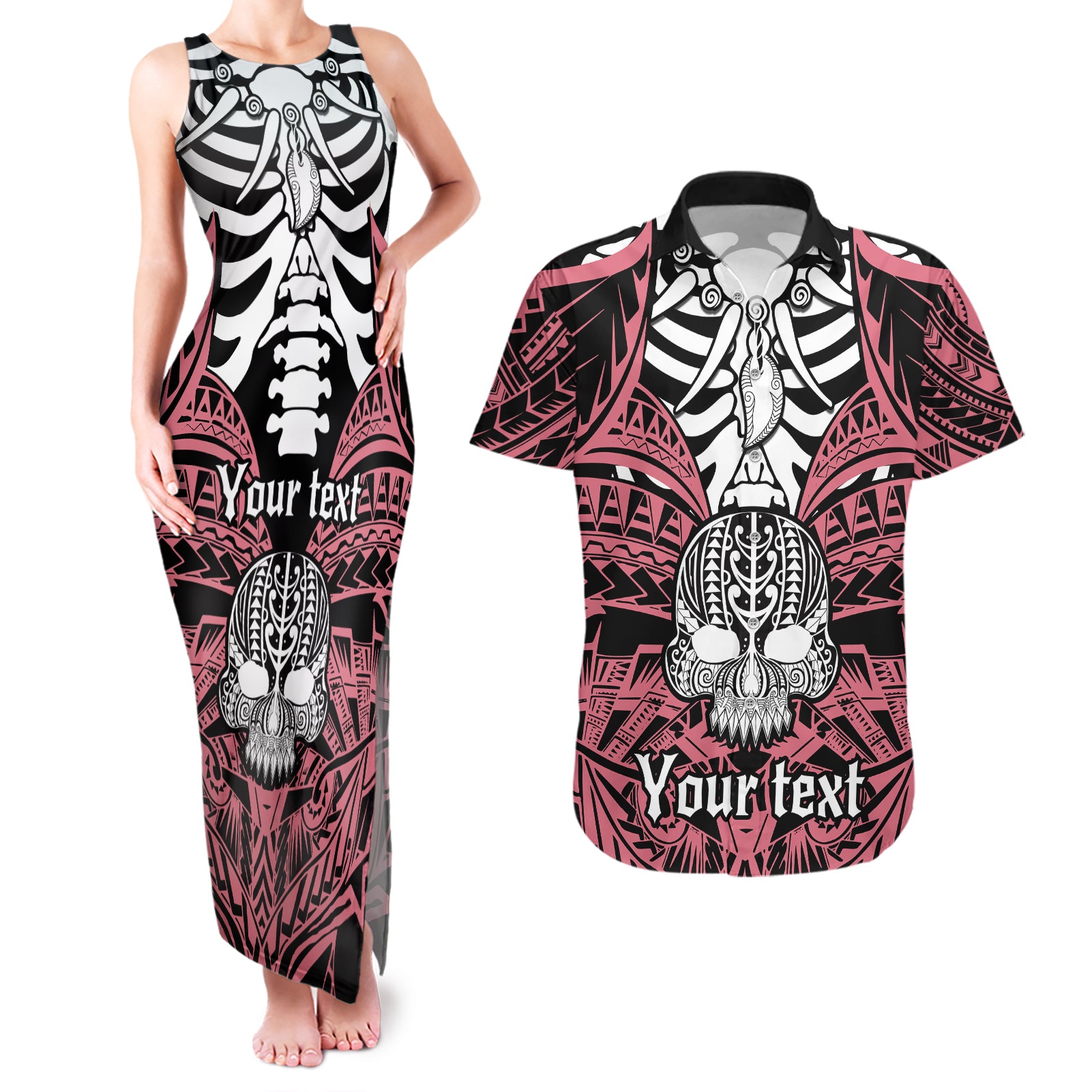 Personalised Polynesia Skull Couples Matching Tank Maxi Dress and Hawaiian Shirt With Boars Tusk Pink Arty Vibe LT9 - Wonder Print Shop