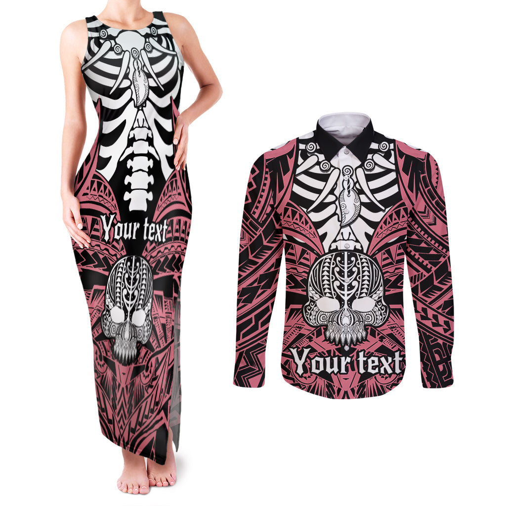 Personalised Polynesia Skull Couples Matching Tank Maxi Dress and Long Sleeve Button Shirts With Boars Tusk Pink Arty Vibe LT9 - Wonder Print Shop