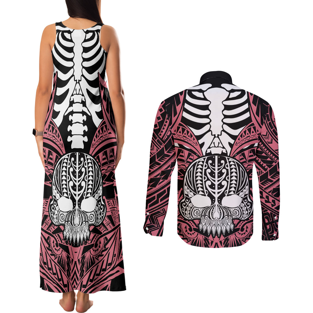 Personalised Polynesia Skull Couples Matching Tank Maxi Dress and Long Sleeve Button Shirts With Boars Tusk Pink Arty Vibe LT9 - Wonder Print Shop