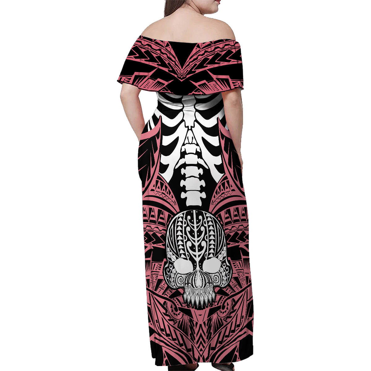 Personalised Polynesia Skull Family Matching Off Shoulder Maxi Dress and Hawaiian Shirt With Boars Tusk Pink Arty Vibe LT9 - Wonder Print Shop
