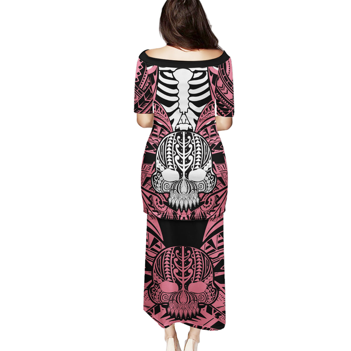 Personalised Polynesia Skull Family Matching Puletasi Dress and Hawaiian Shirt With Boars Tusk Pink Arty Vibe - Wonder Print Shop
