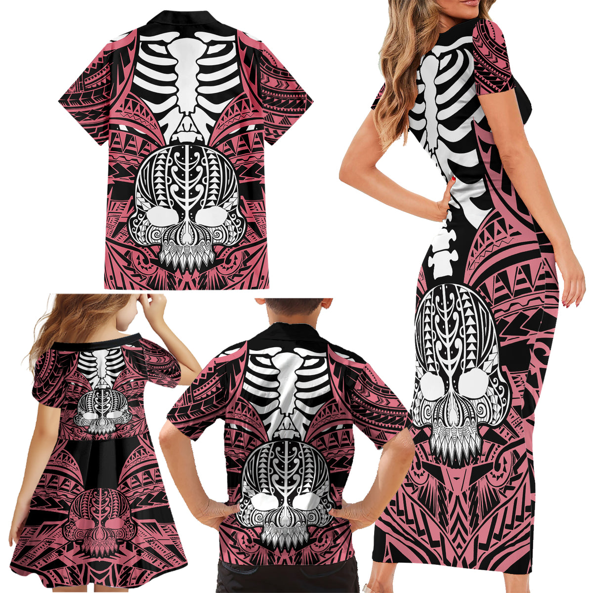 Personalised Polynesia Skull Family Matching Short Sleeve Bodycon Dress and Hawaiian Shirt With Boars Tusk Pink Arty Vibe - Wonder Print Shop
