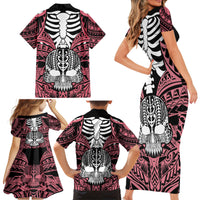 Personalised Polynesia Skull Family Matching Short Sleeve Bodycon Dress and Hawaiian Shirt With Boars Tusk Pink Arty Vibe - Wonder Print Shop