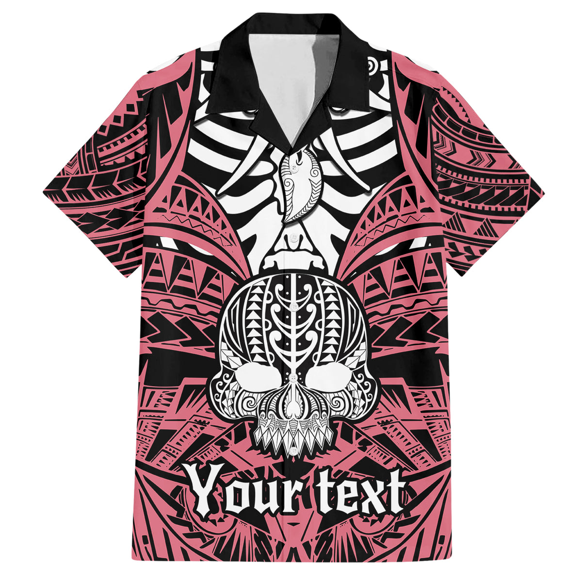 Personalised Polynesia Skull Family Matching Short Sleeve Bodycon Dress and Hawaiian Shirt With Boars Tusk Pink Arty Vibe - Wonder Print Shop