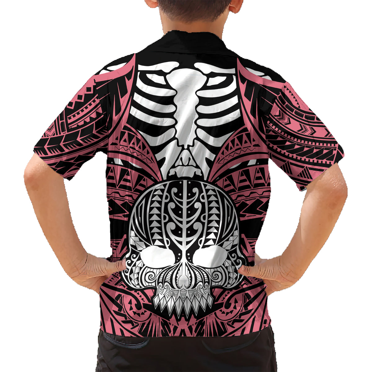 Personalised Polynesia Skull Kid Hawaiian Shirt With Boars Tusk Pink Arty Vibe - Wonder Print Shop