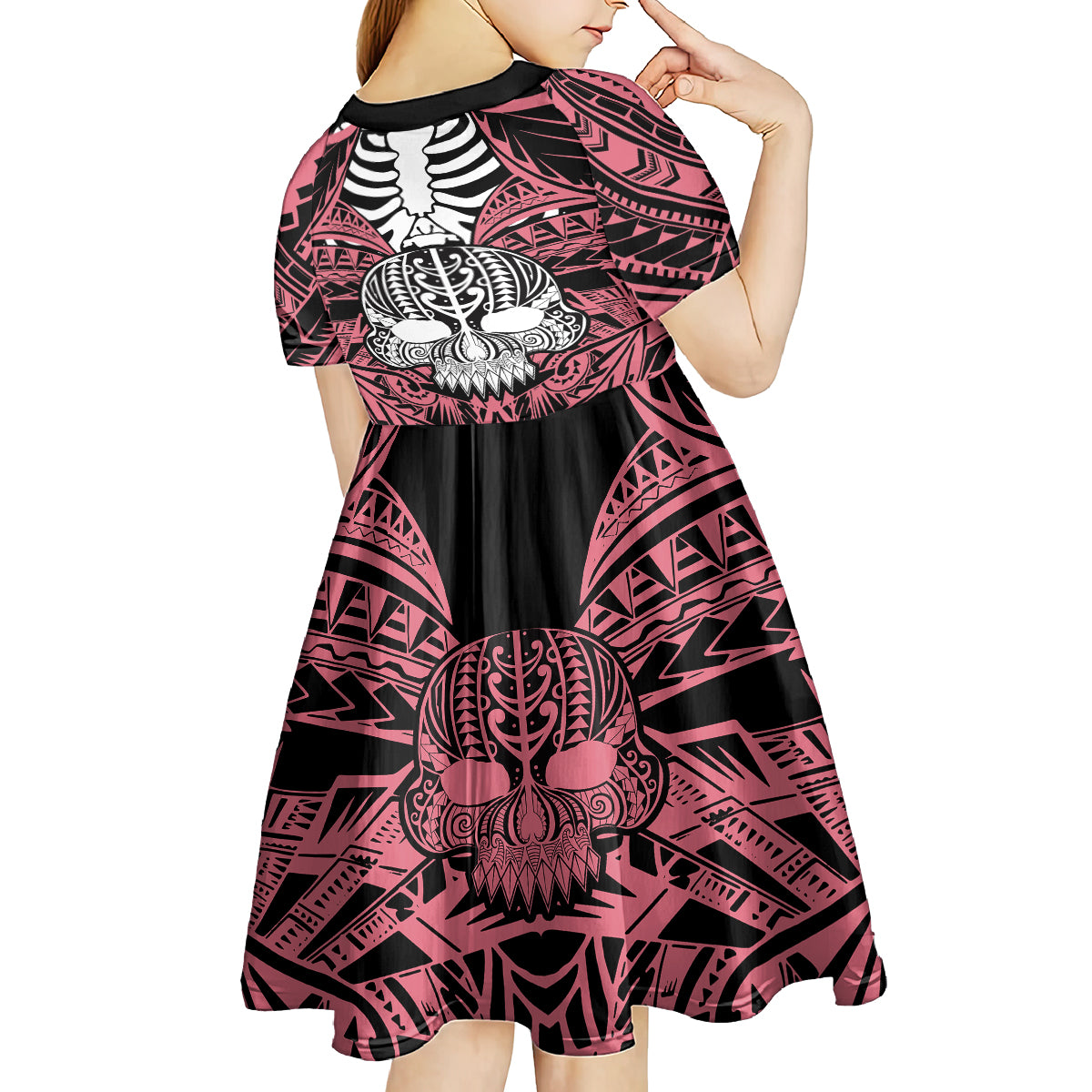 Personalised Polynesia Skull Kid Short Sleeve Dress With Boars Tusk Pink Arty Vibe - Wonder Print Shop