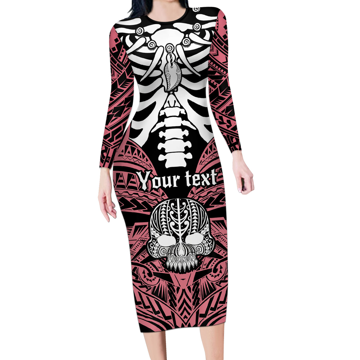 Personalised Polynesia Skull Long Sleeve Bodycon Dress With Boars Tusk Pink Arty Vibe - Wonder Print Shop