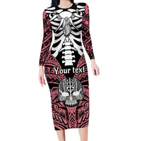 Personalised Polynesia Skull Long Sleeve Bodycon Dress With Boars Tusk Pink Arty Vibe - Wonder Print Shop