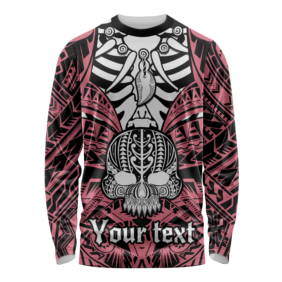 Personalised Polynesia Skull Long Sleeve Shirt With Boars Tusk Pink Arty Vibe - Wonder Print Shop