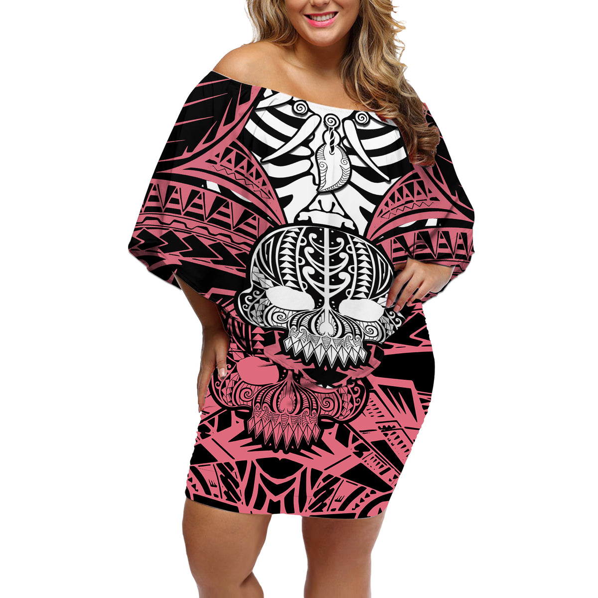 Personalised Polynesia Skull Off Shoulder Short Dress With Boars Tusk Pink Arty Vibe - Wonder Print Shop