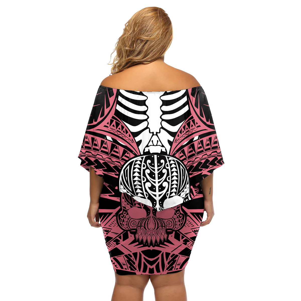 Personalised Polynesia Skull Off Shoulder Short Dress With Boars Tusk Pink Arty Vibe - Wonder Print Shop