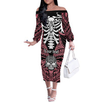 Personalised Polynesia Skull Off The Shoulder Long Sleeve Dress With Boars Tusk Pink Arty Vibe - Wonder Print Shop