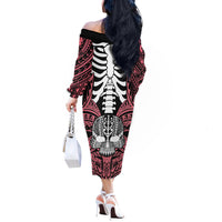 Personalised Polynesia Skull Off The Shoulder Long Sleeve Dress With Boars Tusk Pink Arty Vibe - Wonder Print Shop
