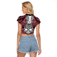 Personalised Polynesia Skull Raglan Cropped T Shirt With Boars Tusk Pink Arty Vibe - Wonder Print Shop