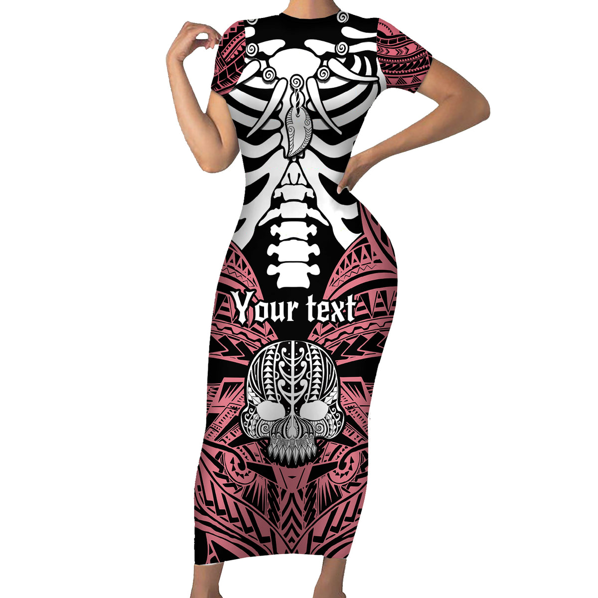 Personalised Polynesia Skull Short Sleeve Bodycon Dress With Boars Tusk Pink Arty Vibe - Wonder Print Shop