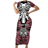 Personalised Polynesia Skull Short Sleeve Bodycon Dress With Boars Tusk Pink Arty Vibe - Wonder Print Shop