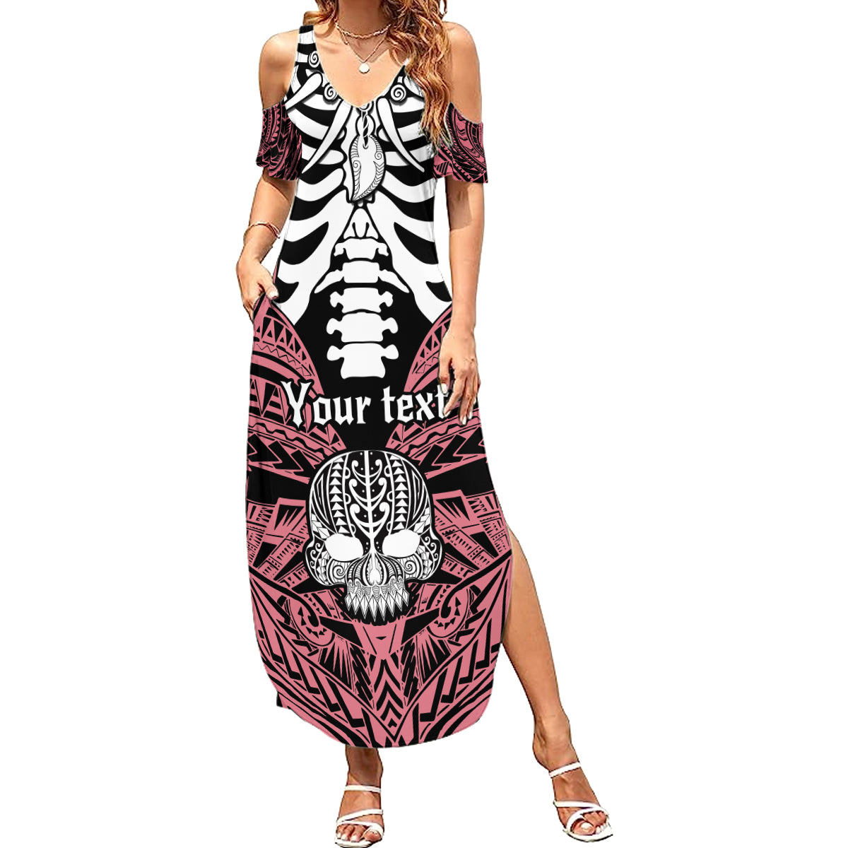 Personalised Polynesia Skull Summer Maxi Dress With Boars Tusk Pink Arty Vibe - Wonder Print Shop