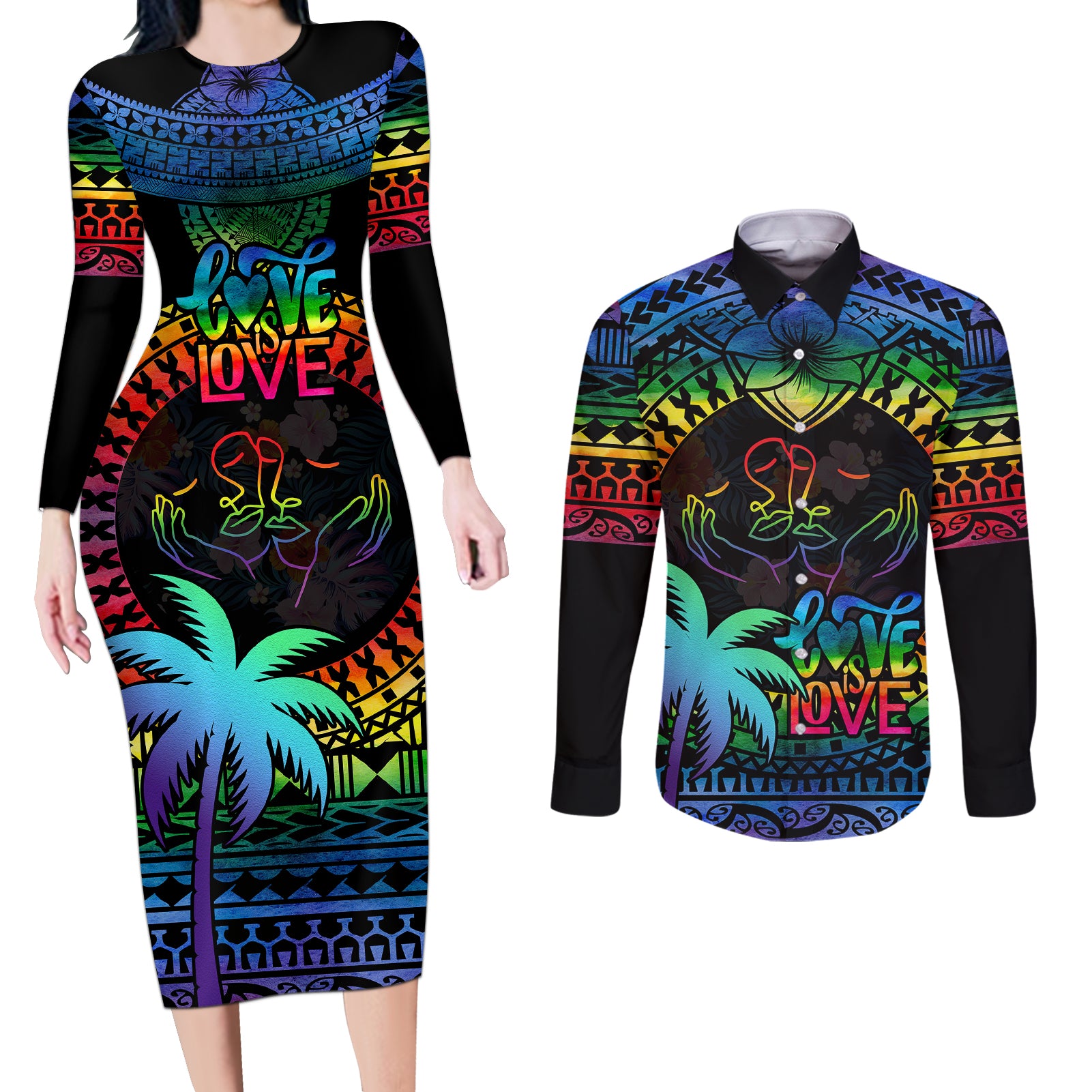 Fiji LGBT Couples Matching Long Sleeve Bodycon Dress and Long Sleeve Button Shirts Love Is Love Tapa Pattern Rainbow Water Color LT9 - Wonder Print Shop