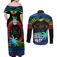 Fiji LGBT Couples Matching Off Shoulder Maxi Dress and Long Sleeve Button Shirts Love Is Love Tapa Pattern Rainbow Water Color LT9 - Wonder Print Shop