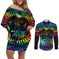 Fiji LGBT Couples Matching Off Shoulder Short Dress and Long Sleeve Button Shirts Love Is Love Tapa Pattern Rainbow Water Color LT9 - Wonder Print Shop