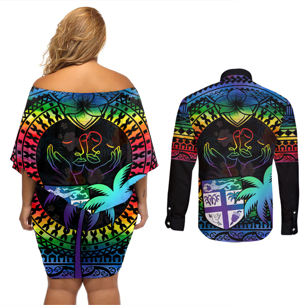 Fiji LGBT Couples Matching Off Shoulder Short Dress and Long Sleeve Button Shirts Love Is Love Tapa Pattern Rainbow Water Color LT9 - Wonder Print Shop